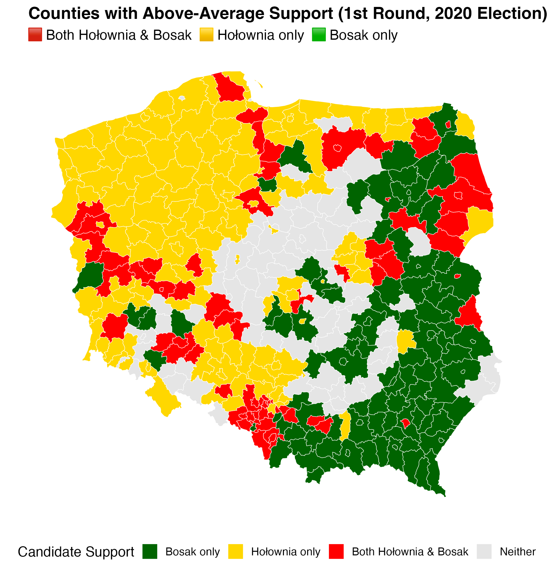 Choropleth - counties with above-average support for Hołownia and Bosak